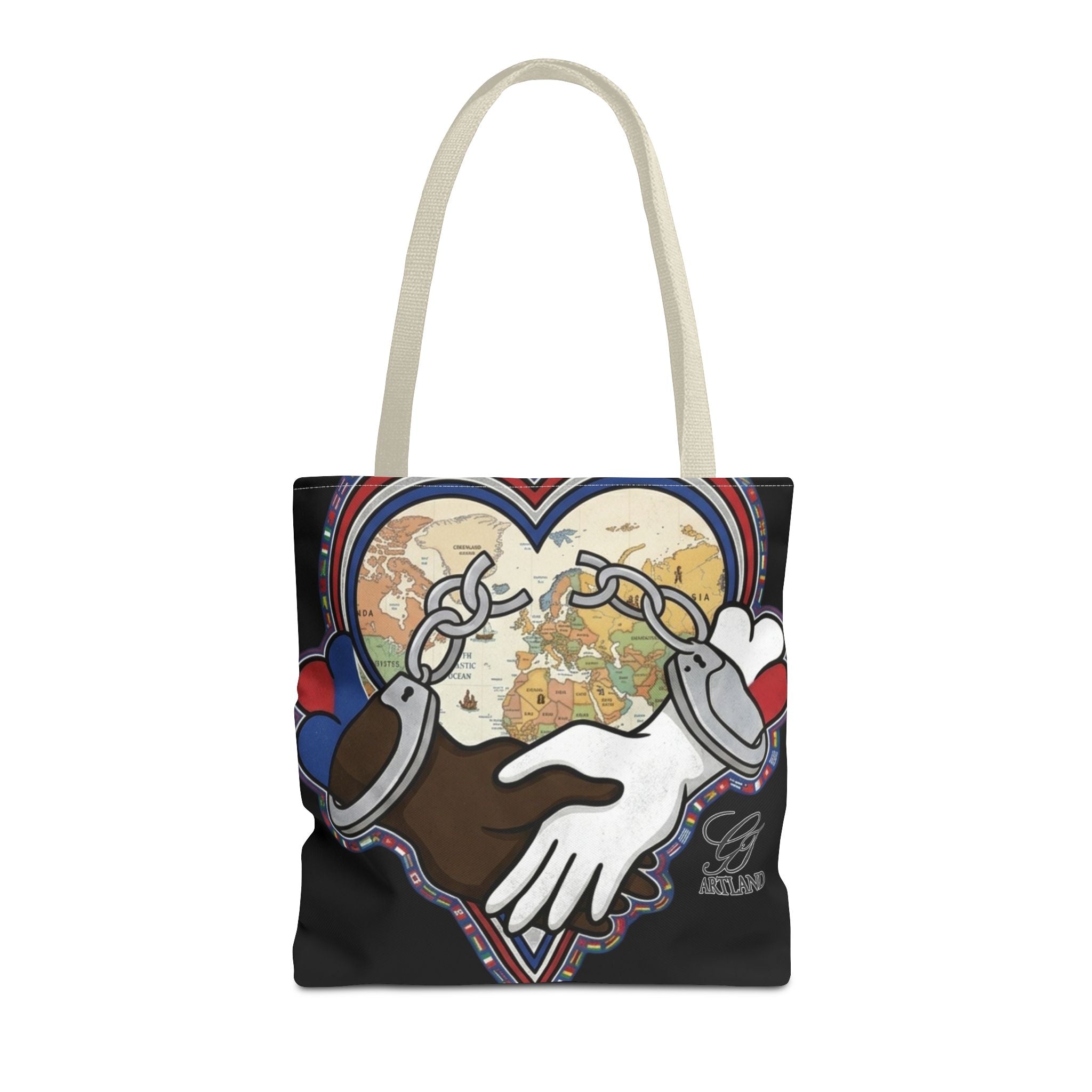 Interracial Unity Heart Handcuffs Tote Bag | All-Over Print by GT Artland