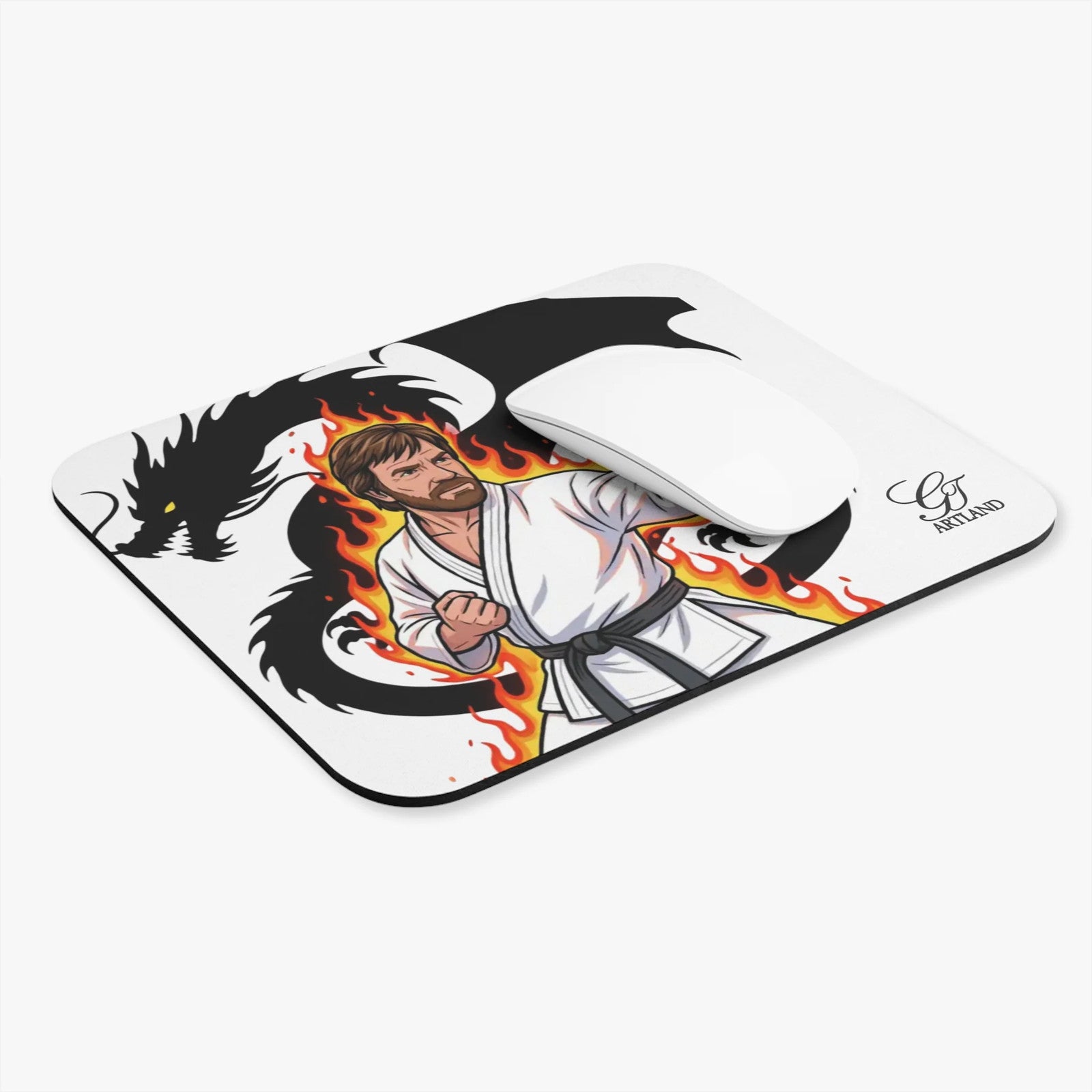 Martial Artist Chuck Norris with Dragon Flames Mouse Pad | Karate Dragon Desk