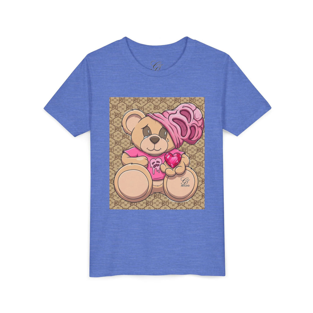 Pink Teddy Bear Holding Heart Youth Tee | Cute Bear Graphic by GT Artland