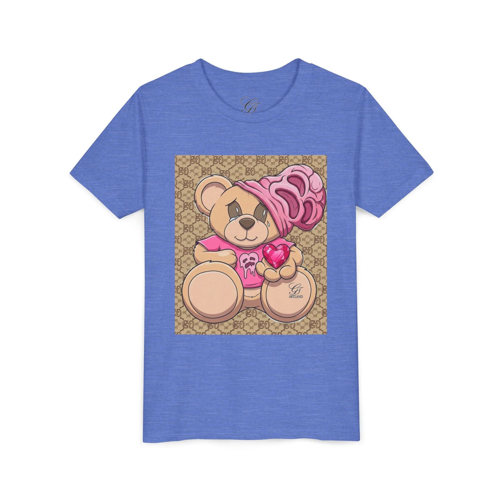 Pink Teddy Bear Holding Heart Youth Tee | Cute Bear Graphic by GT Artland