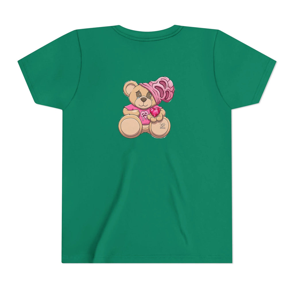 Pink Teddy Bear Holding Heart Youth Tee | Cute Bear Graphic by GT Artland