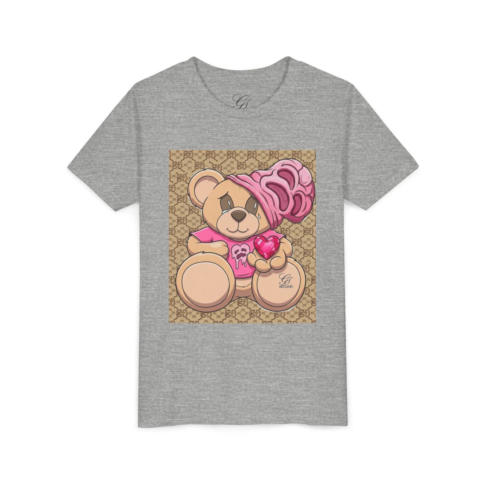 Pink Teddy Bear Holding Heart Youth Tee | Cute Bear Graphic by GT Artland