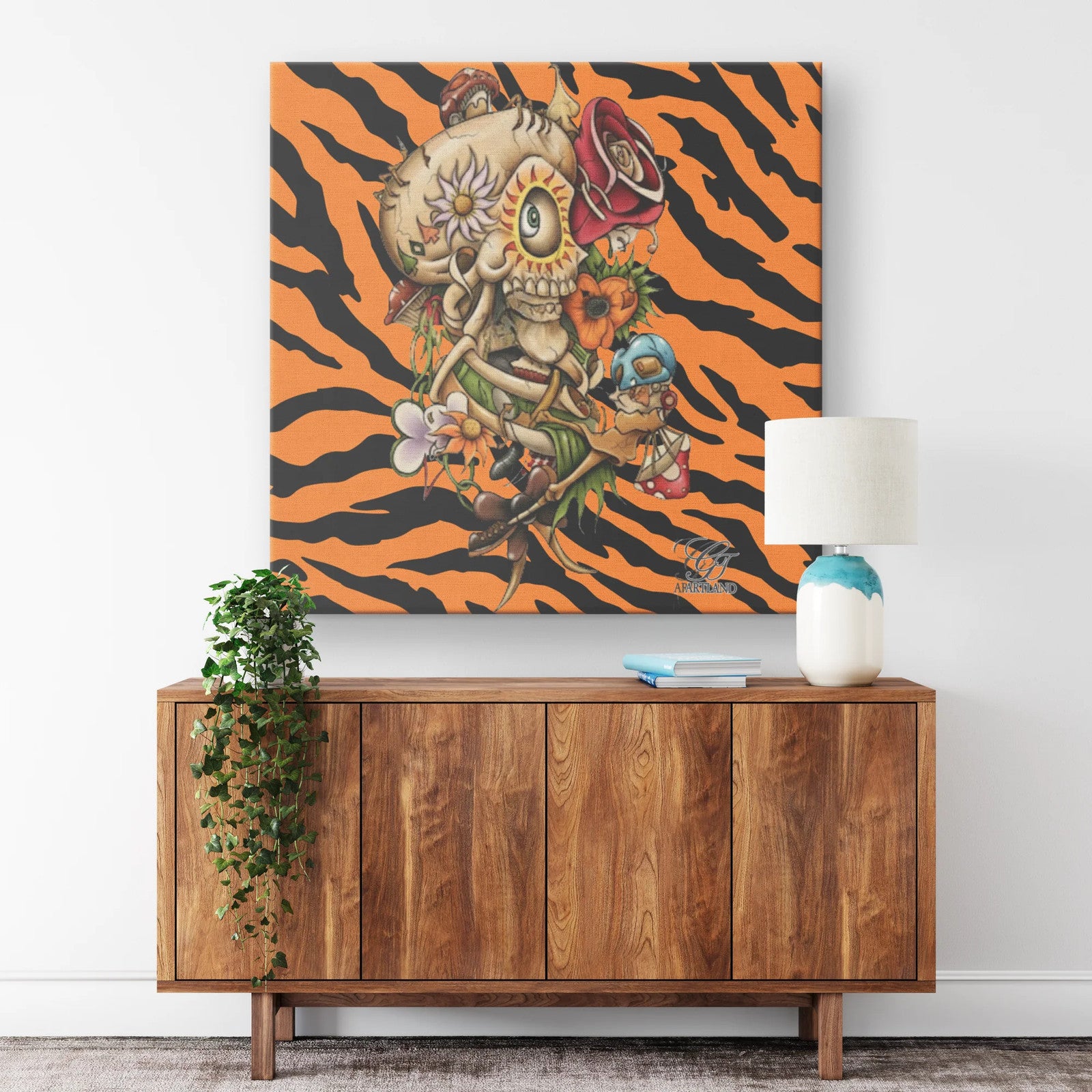 Candy Skull Tiger Crush Square with Rose Canvas Wrap by GT Artland