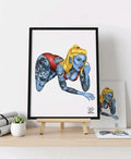 Hot Sexy Chick With Tats Blue Skin Blonde Colored Shaded Print Signed