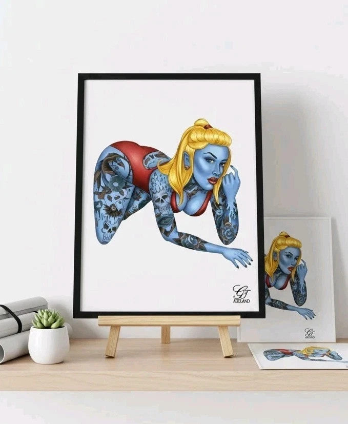 Hot Sexy Chick With Tats Blue Skin Blonde Colored Shaded Print Signed