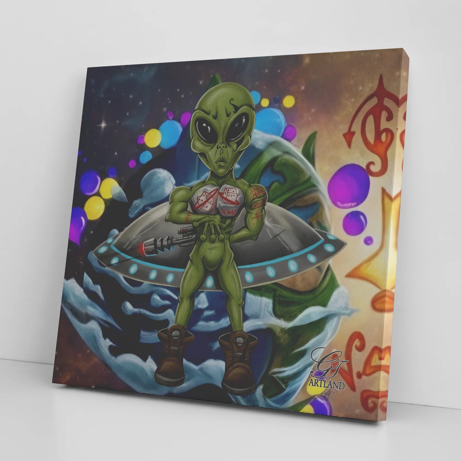 Alien GT Rolling Dice With the Strap and UFO Spaceship Square Canvas Wrap by GT