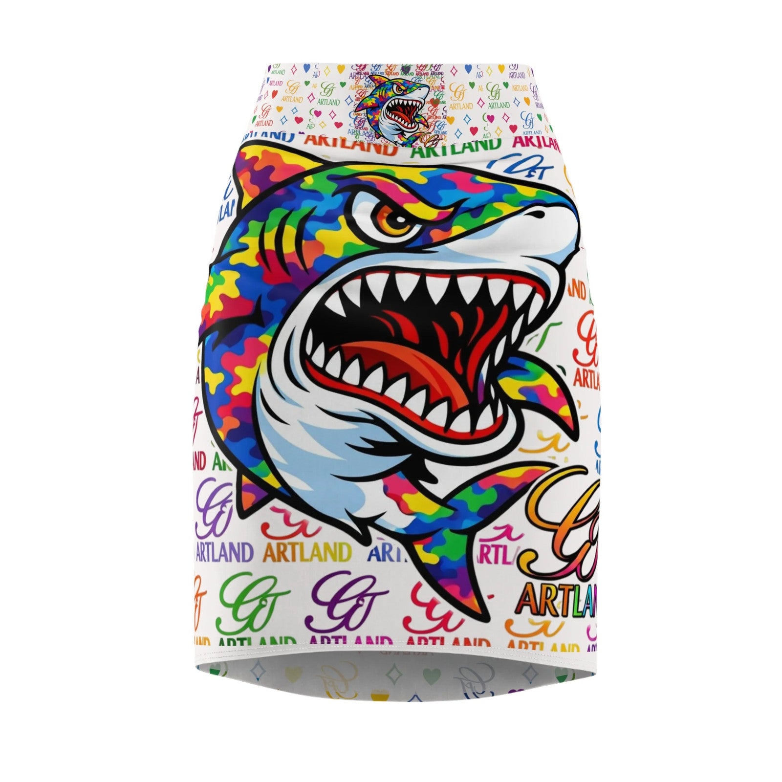 Colorful Designer Killa Shark Graphic Pencil Skirt | Rainbow Pop Art Pattern by
