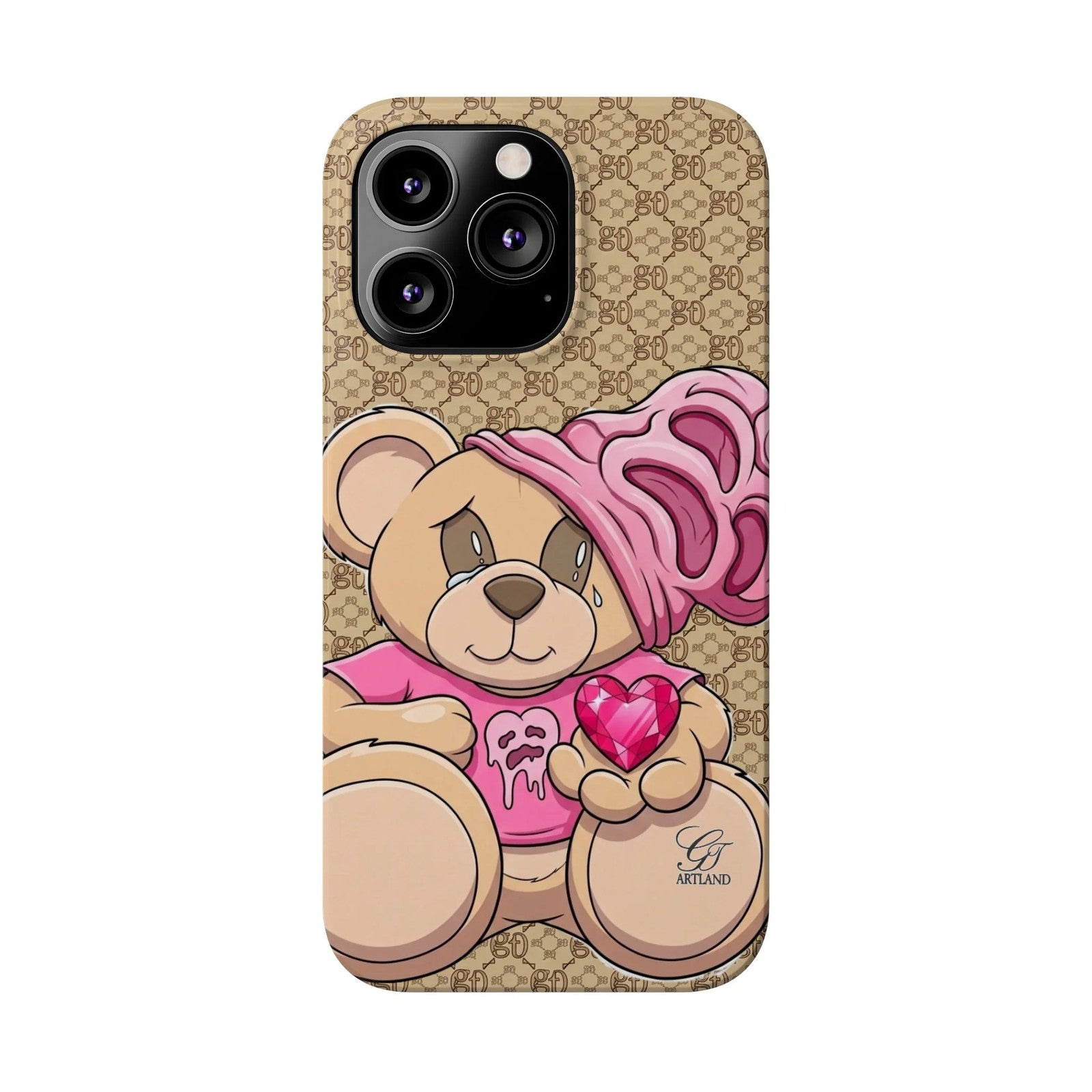 Pink Heart Teddy Bear Slim Phone Case | Designer Monogram Background by GT