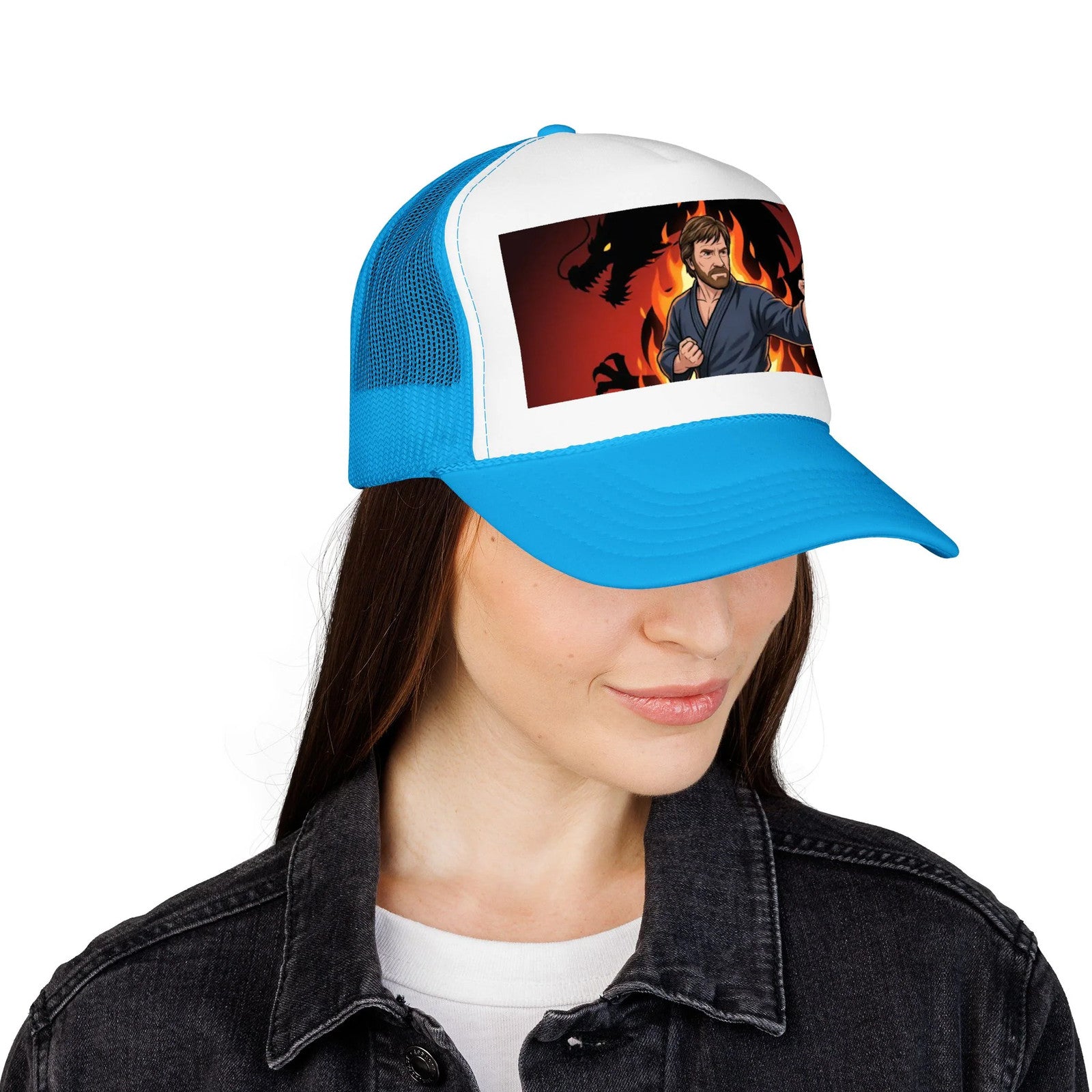 Martial Artist Chuck Norris Flames Foam Trucker Hat | Dragon Silhouette Panel