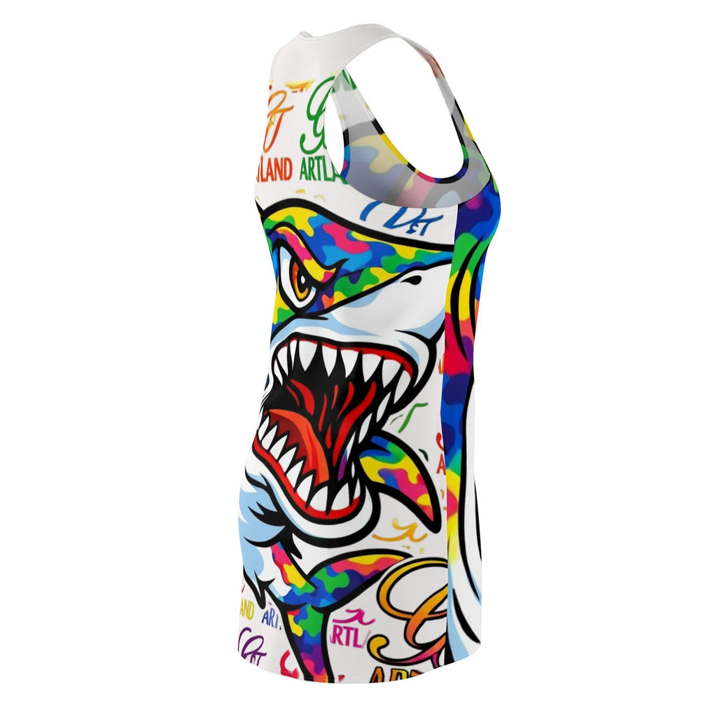 Colorful Camo Designer Killa Shark Graphic Racerback Dress | All-Over Print by