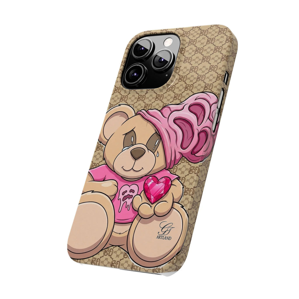 Pink Heart Teddy Bear Slim Phone Case | Designer Monogram Background by GT