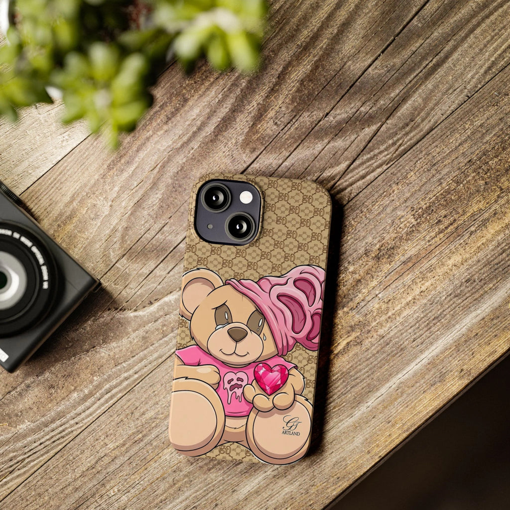 Pink Heart Teddy Bear Slim Phone Case | Designer Monogram Background by GT