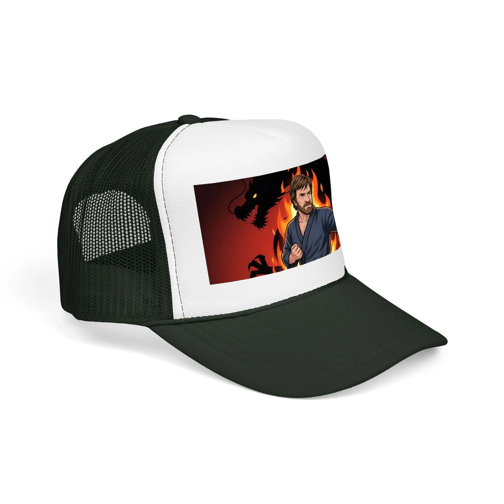 Martial Artist Chuck Norris Flames Foam Trucker Hat | Dragon Silhouette Panel