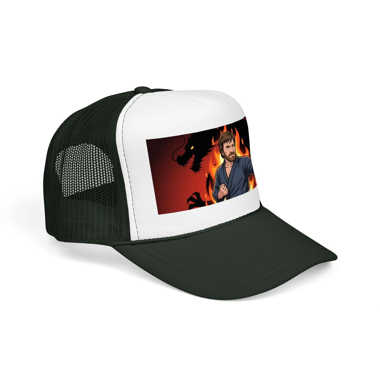 Martial Artist Chuck Norris Flames Foam Trucker Hat | Dragon Silhouette Panel