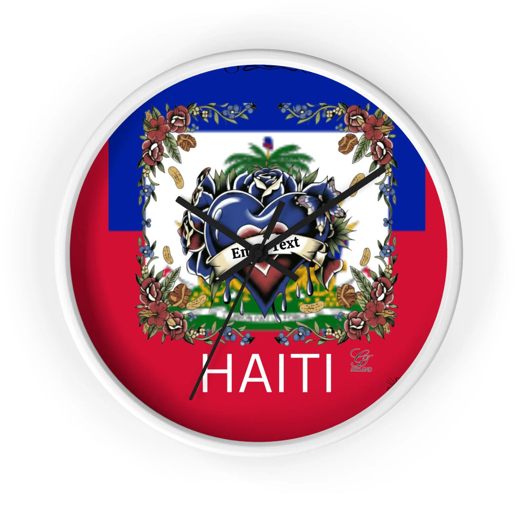 Haiti 🇭🇹 Flag Hearts and Roses customizable Wall Clock by GT Artland
