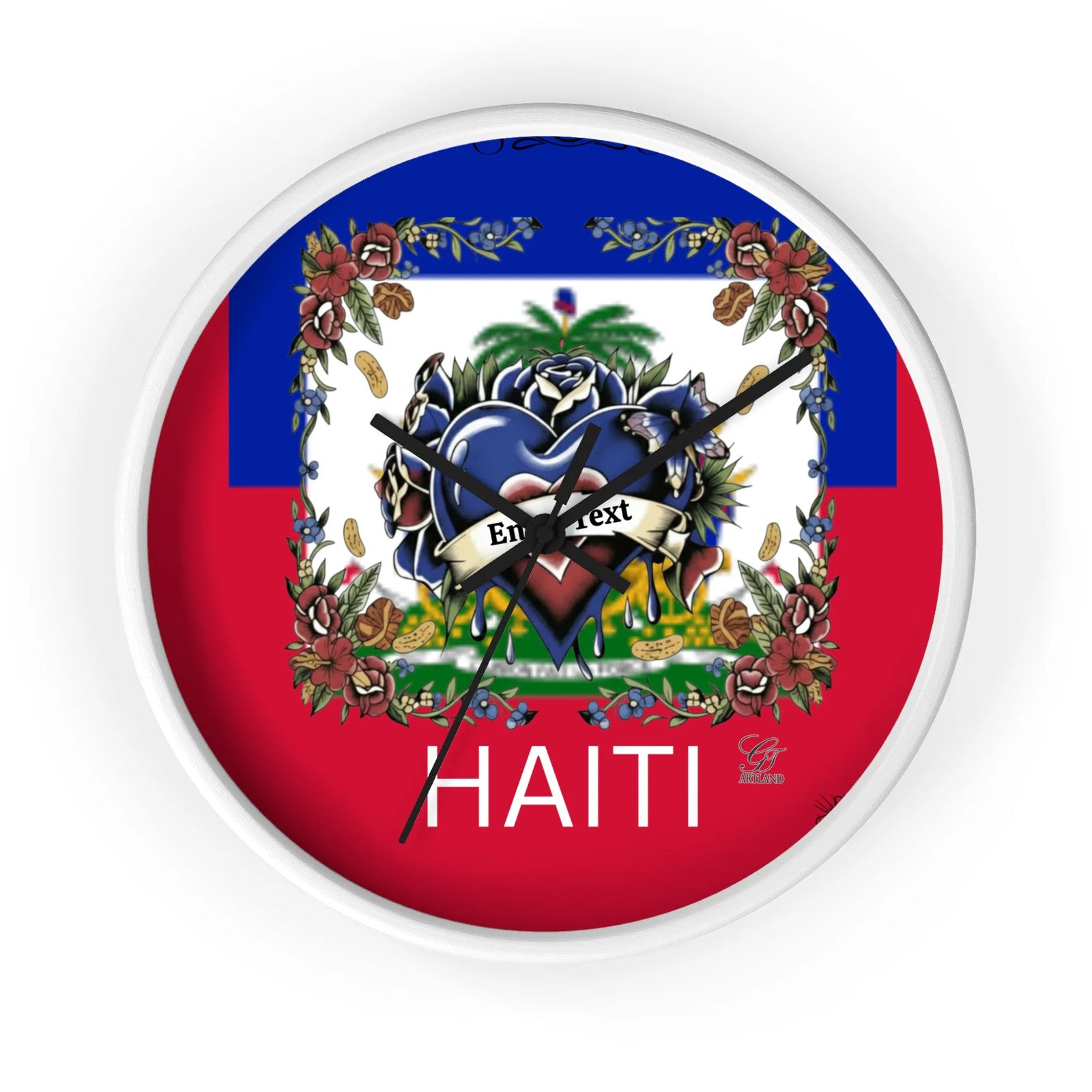 Haiti 🇭🇹 Flag Hearts and Roses customizable Wall Clock by GT Artland