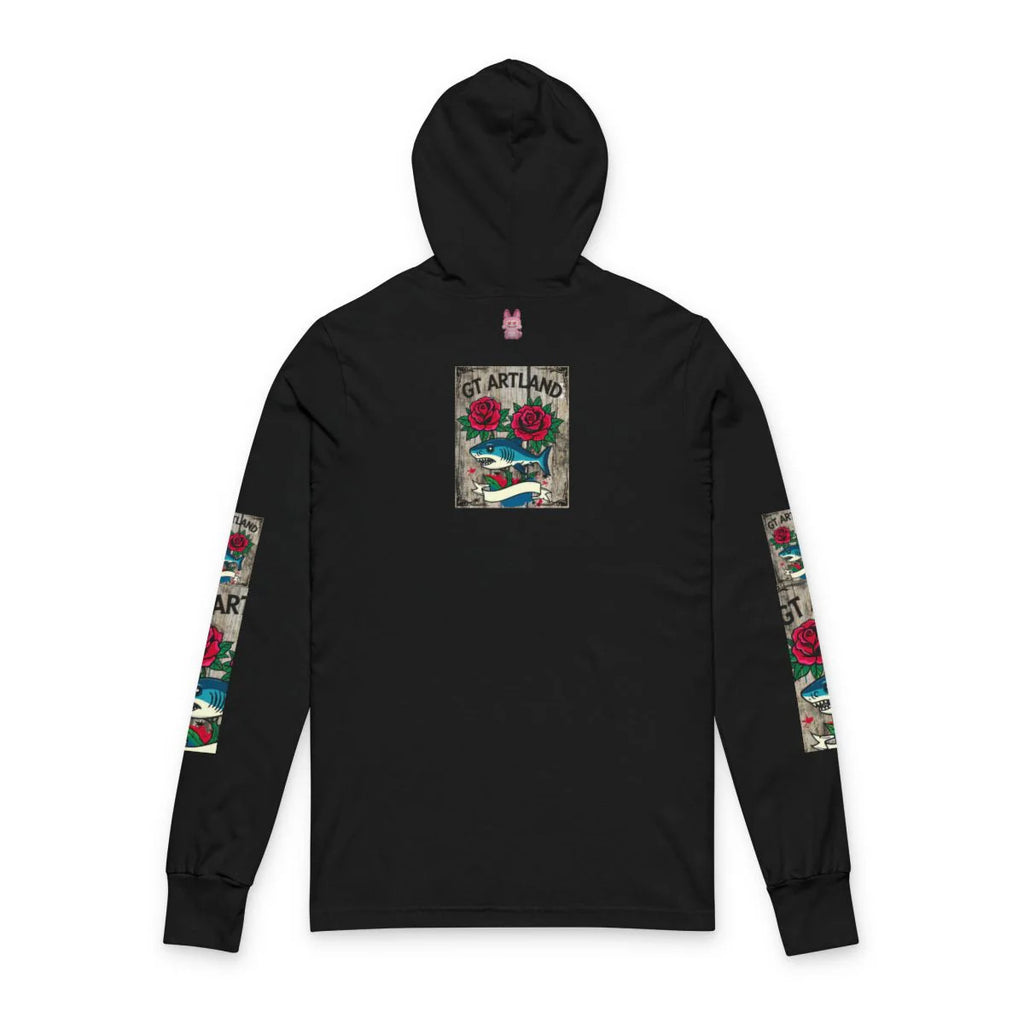 Rose Shark Tattoo Designer High Fashion Unisex Hooded Long Sleeve Tee by GT