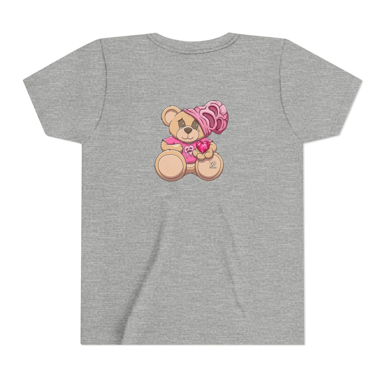 Pink Teddy Bear Holding Heart Youth Tee | Cute Bear Graphic by GT Artland