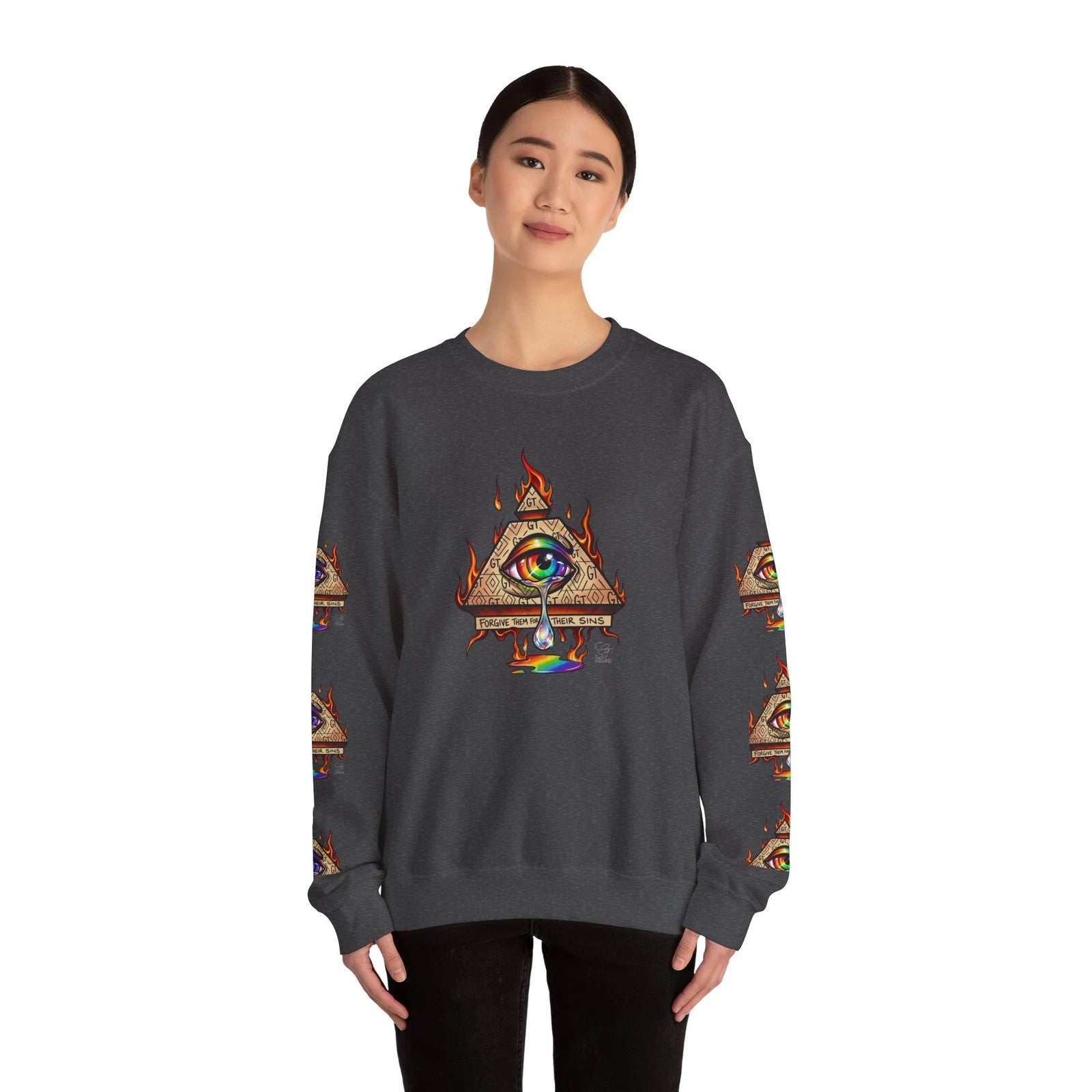 Psychedelic All-Seeing Eye Sweatshirt | Triangle Eye Flame Rainbow Drip by GT