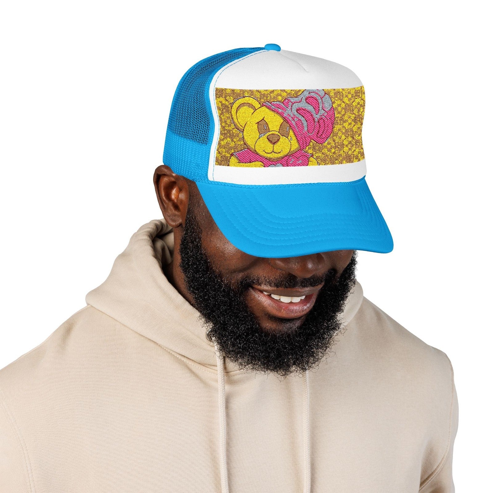 Yellow Teddy with Pink Beanie Trucker Hat | Sparkle Sequin Patch by GT Artland