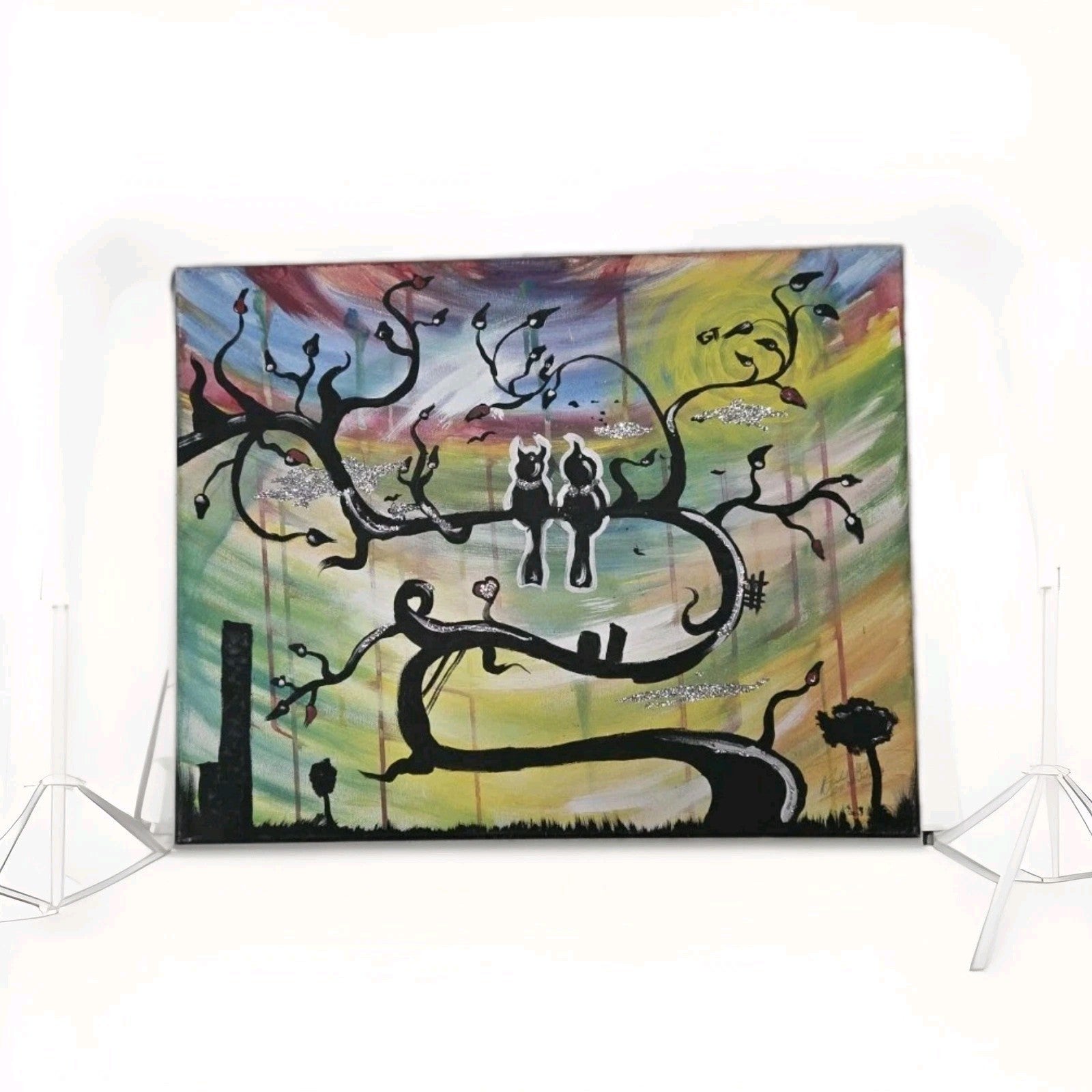 Bird LOVE COUPLE Painting URBAN STYLE RETRO   16 X 20 W Glitter Sparkle SIGNED