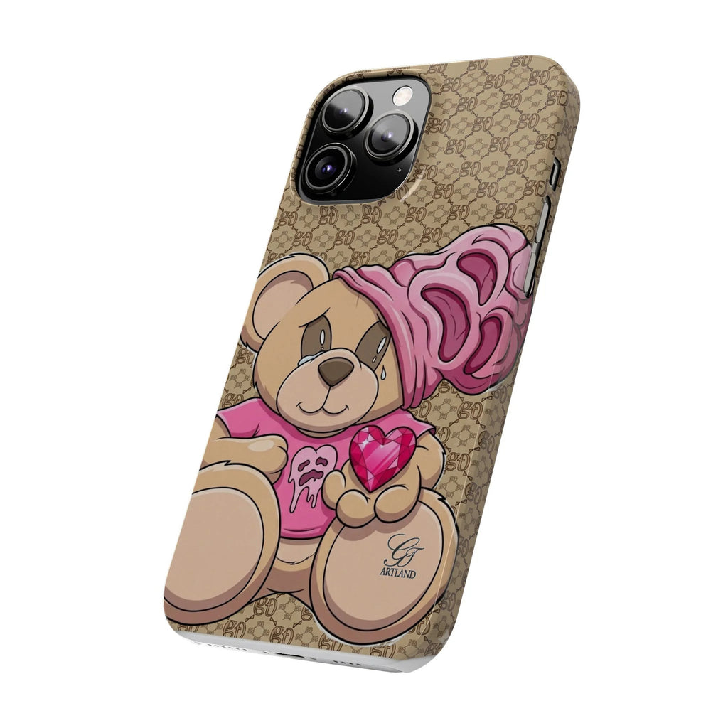 Pink Heart Teddy Bear Slim Phone Case | Designer Monogram Background by GT