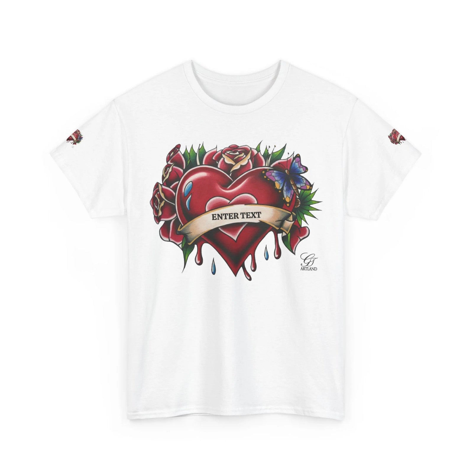 HEARTS AND ROSES Tattoo Styled Original T Shirt with Personalization by GT