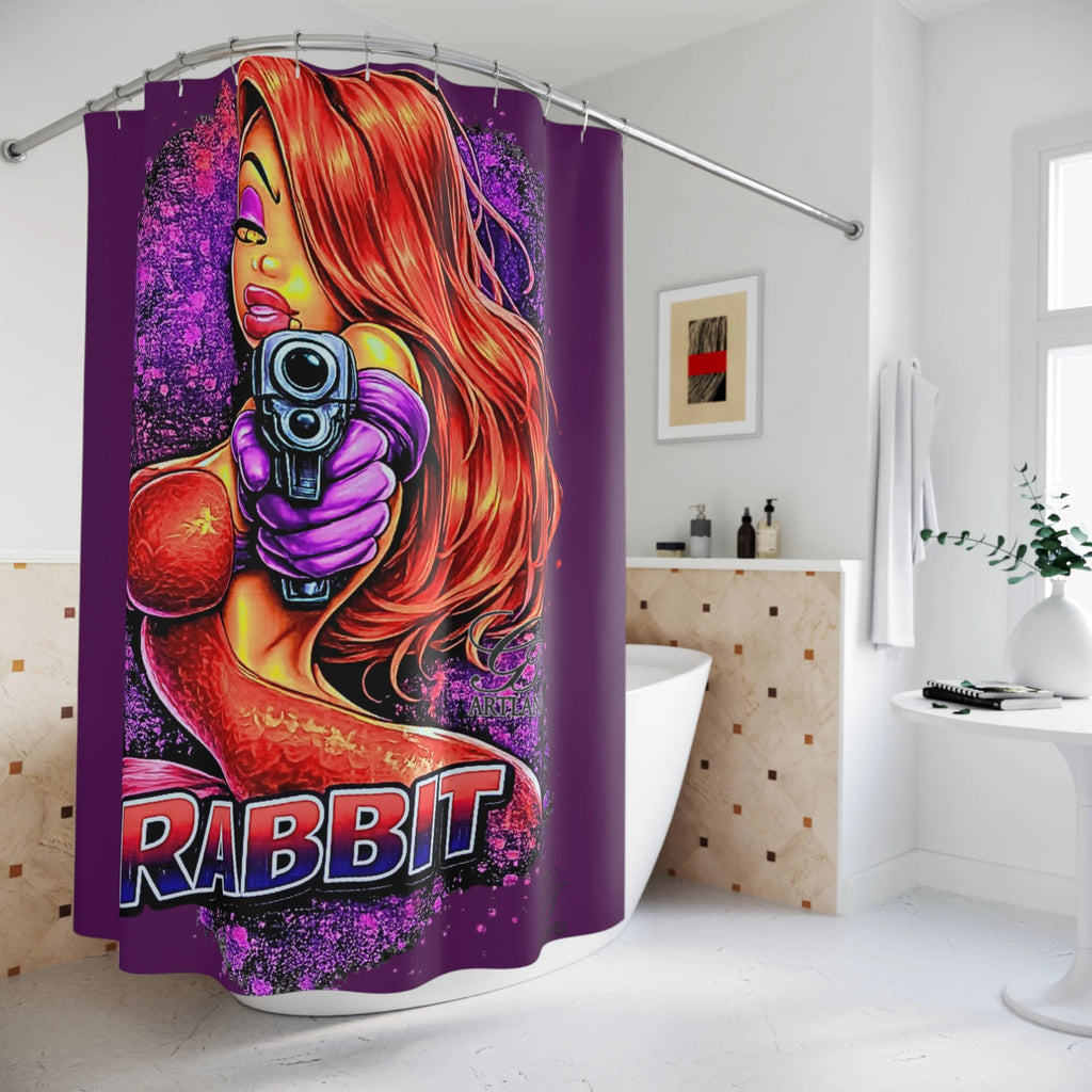 Red-Haired Rabbit Femme Vixen Fatale with Gun Shower Curtain | Bold Pinup Art