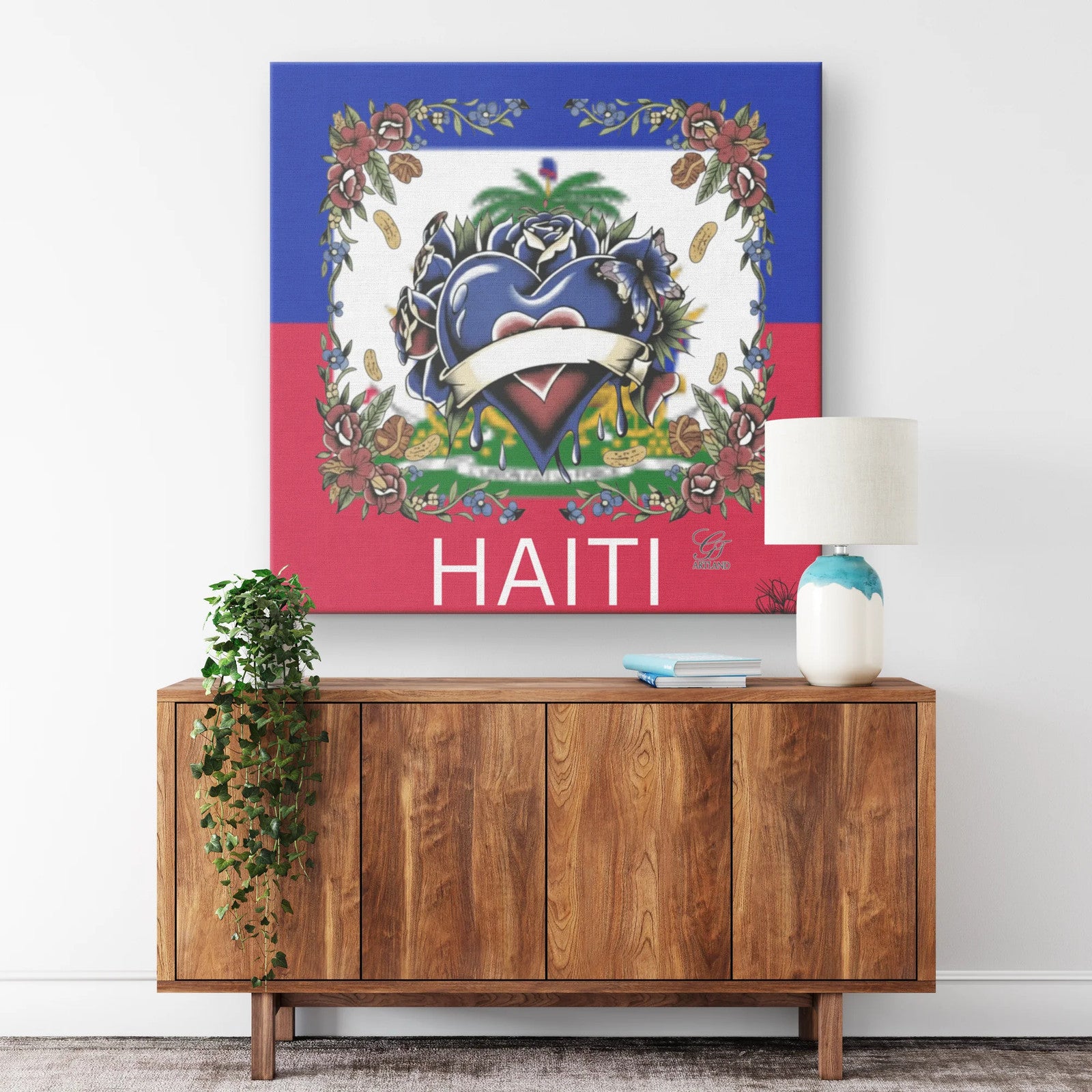 Haiti Flag Hearts and Roses Luxury Style Designer Square Canvas Wrap by GT