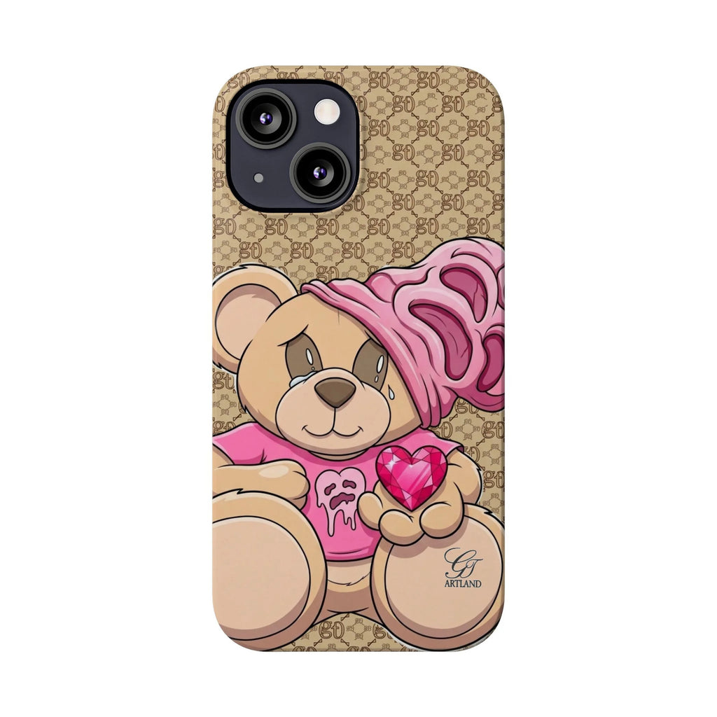 Pink Heart Teddy Bear Slim Phone Case | Designer Monogram Background by GT