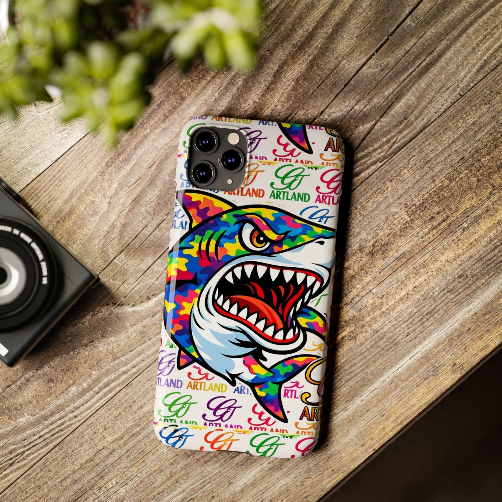 Colorful Camo Designer Shark GT Slim Phone Case | Vibrant Graphic, Artland Logo