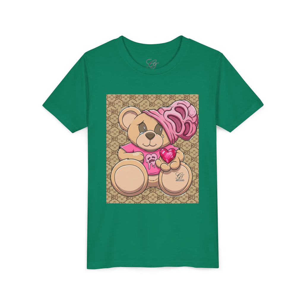 Pink Teddy Bear Holding Heart Youth Tee | Cute Bear Graphic by GT Artland