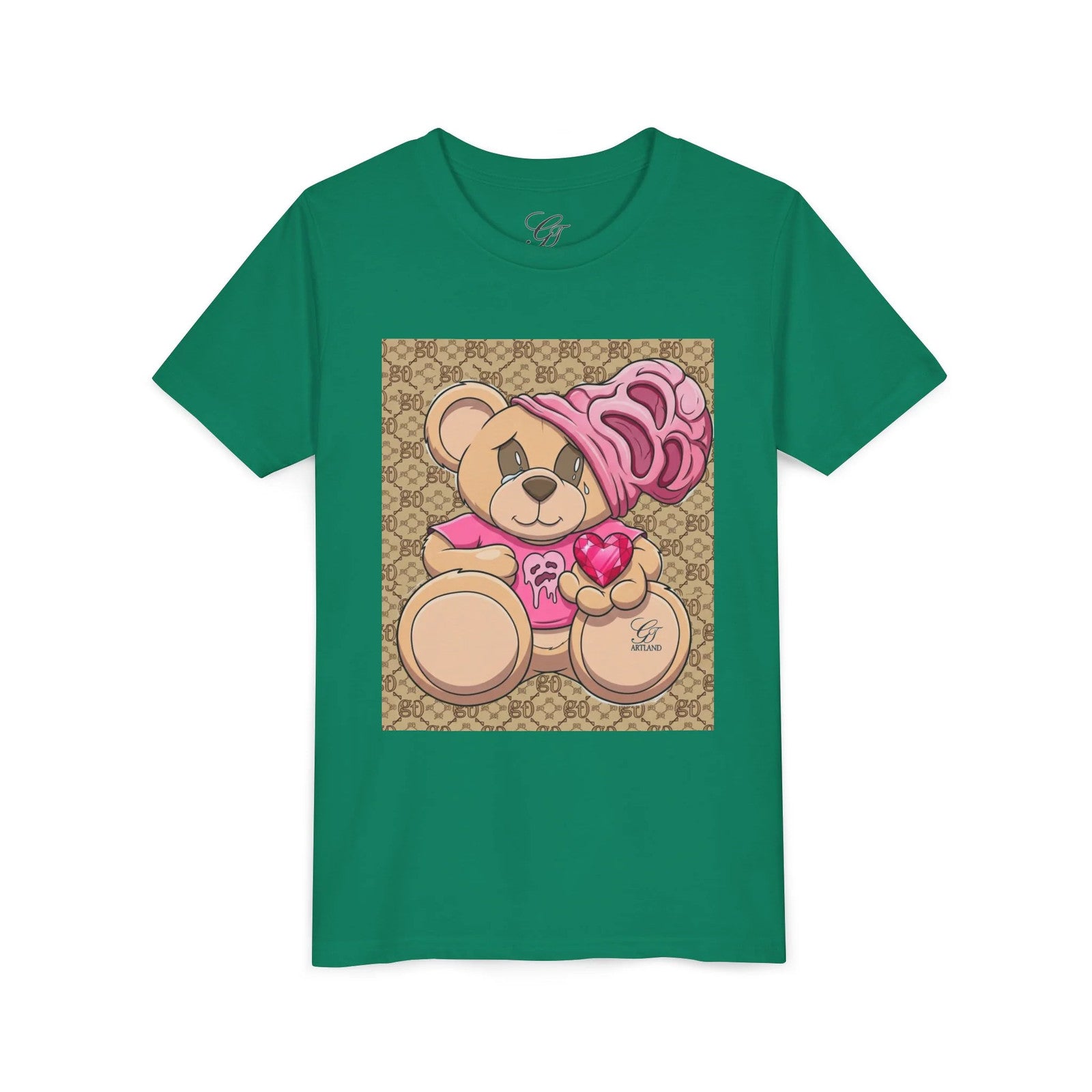 Pink Teddy Bear Holding Heart Youth Tee | Cute Bear Graphic by GT Artland
