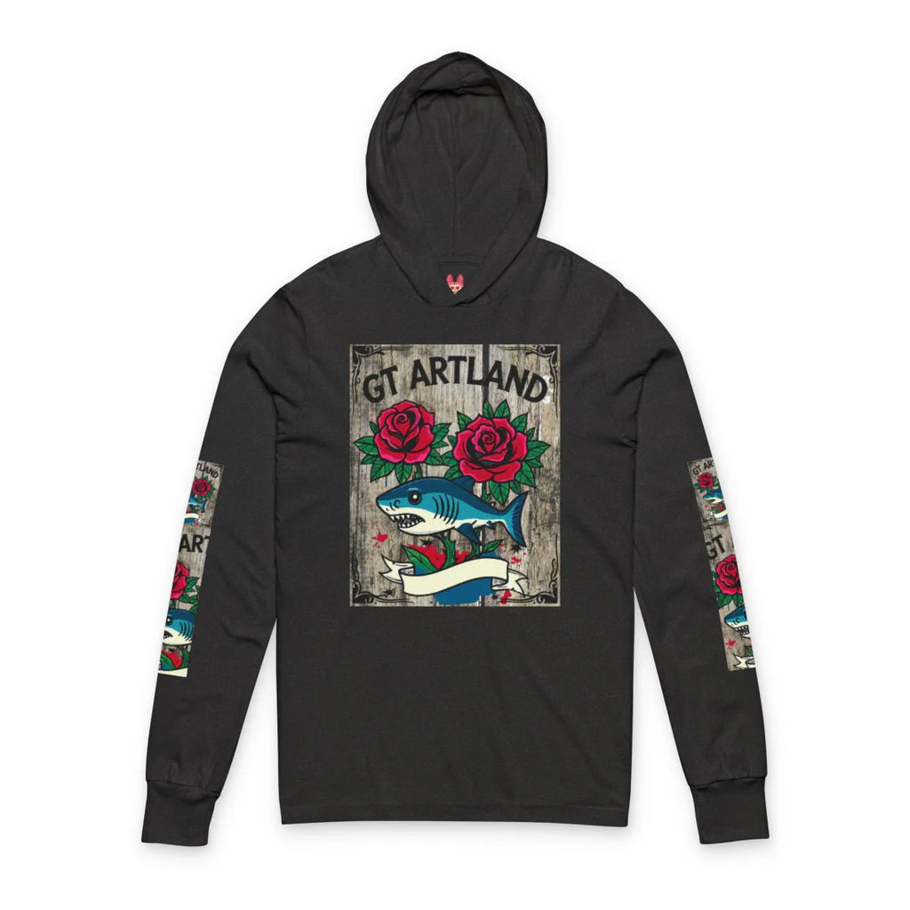 Rose Shark Tattoo Designer High Fashion Unisex Hooded Long Sleeve Tee by GT