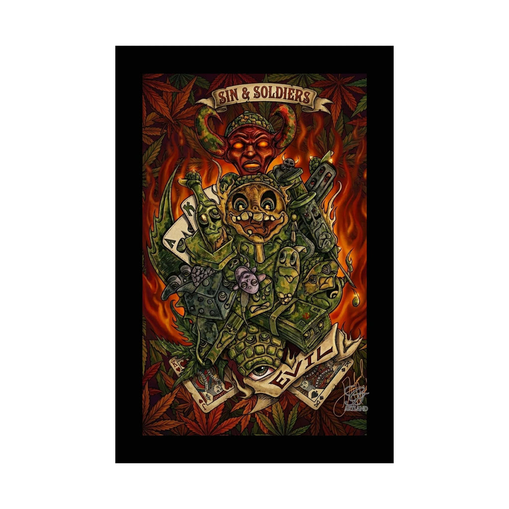Sin & Soldiers poster | psychedelic horror artwork, flames & skulls vertical