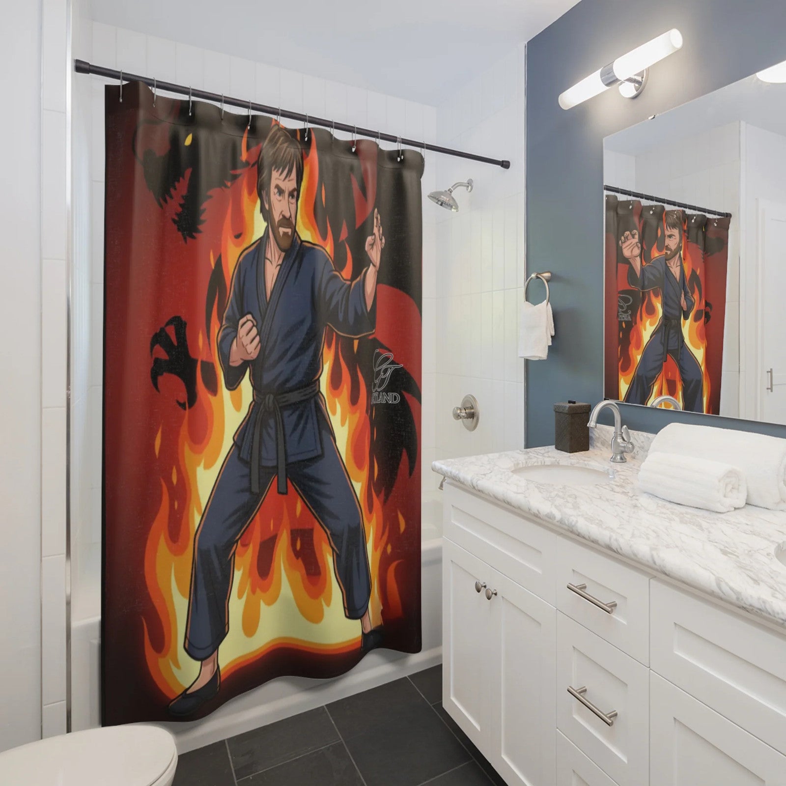 Karate Master Chuck Norris Shower Curtain | Martial Arts Flames Bathroom Decor