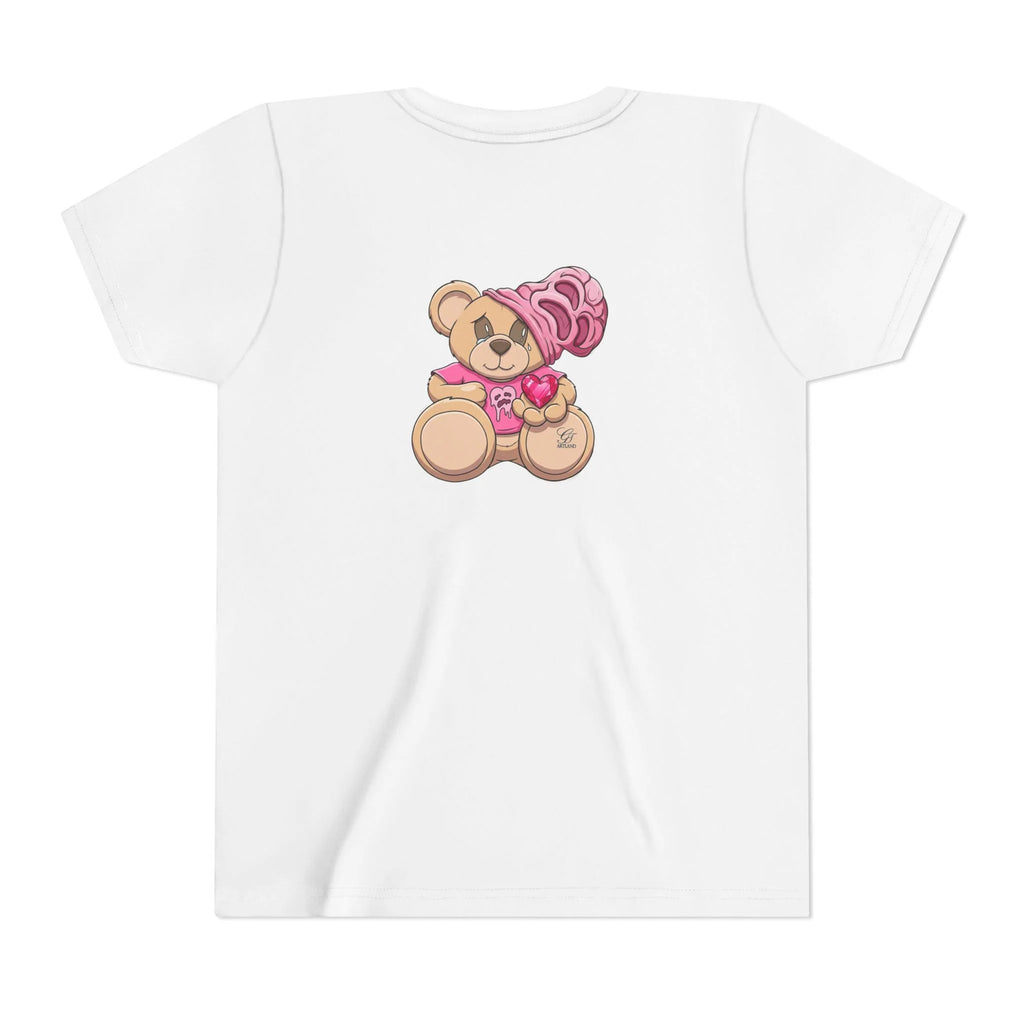 Pink Teddy Bear Holding Heart Youth Tee | Cute Bear Graphic by GT Artland
