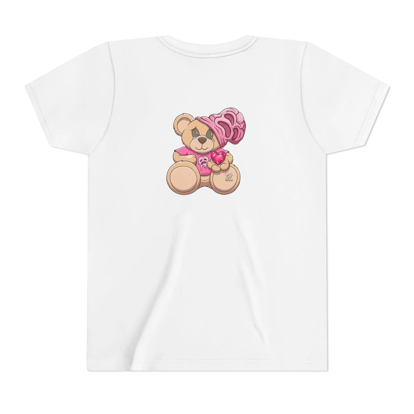 Pink Teddy Bear Holding Heart Youth Tee | Cute Bear Graphic by GT Artland