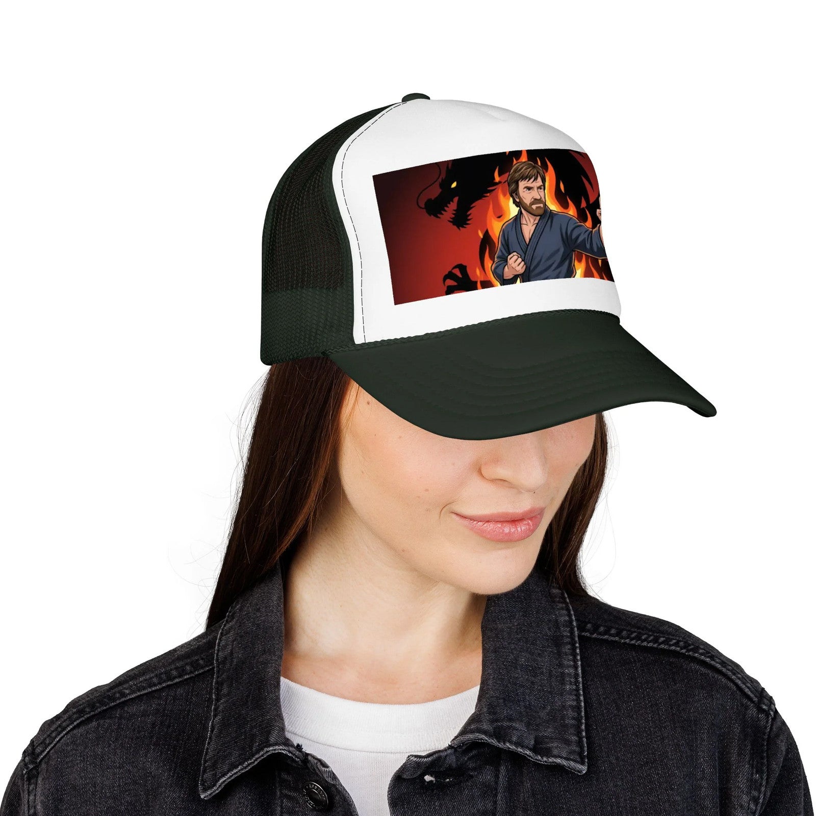 Martial Artist Chuck Norris Flames Foam Trucker Hat | Dragon Silhouette Panel