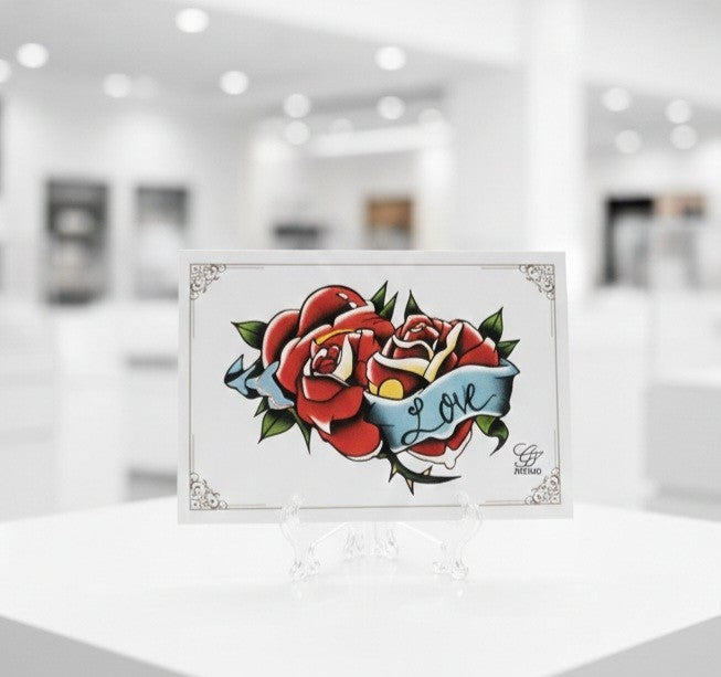 Tattoo STYLE ROSES WITH RIBBON AND HEARTS Card Set By GT Artland ADD ANY TEXT 
