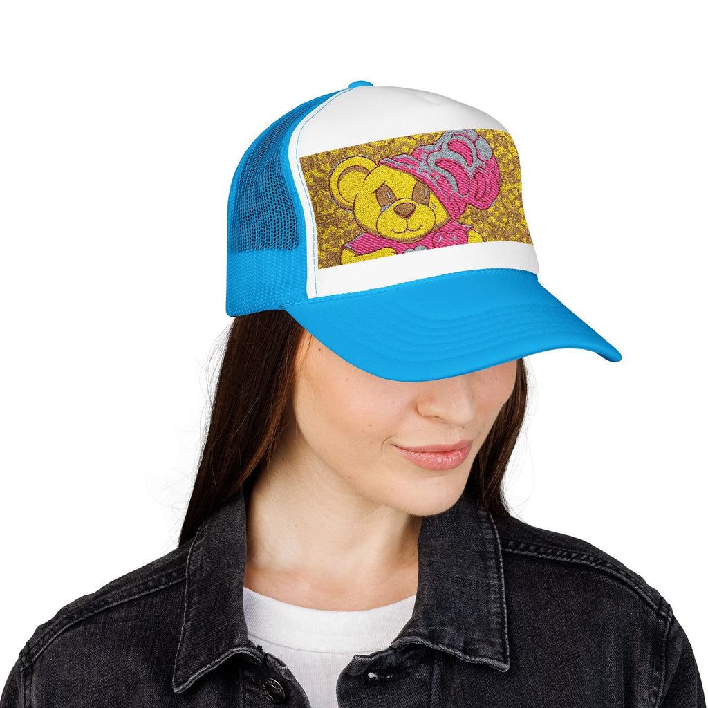 Yellow Teddy with Pink Beanie Trucker Hat | Sparkle Sequin Patch by GT Artland