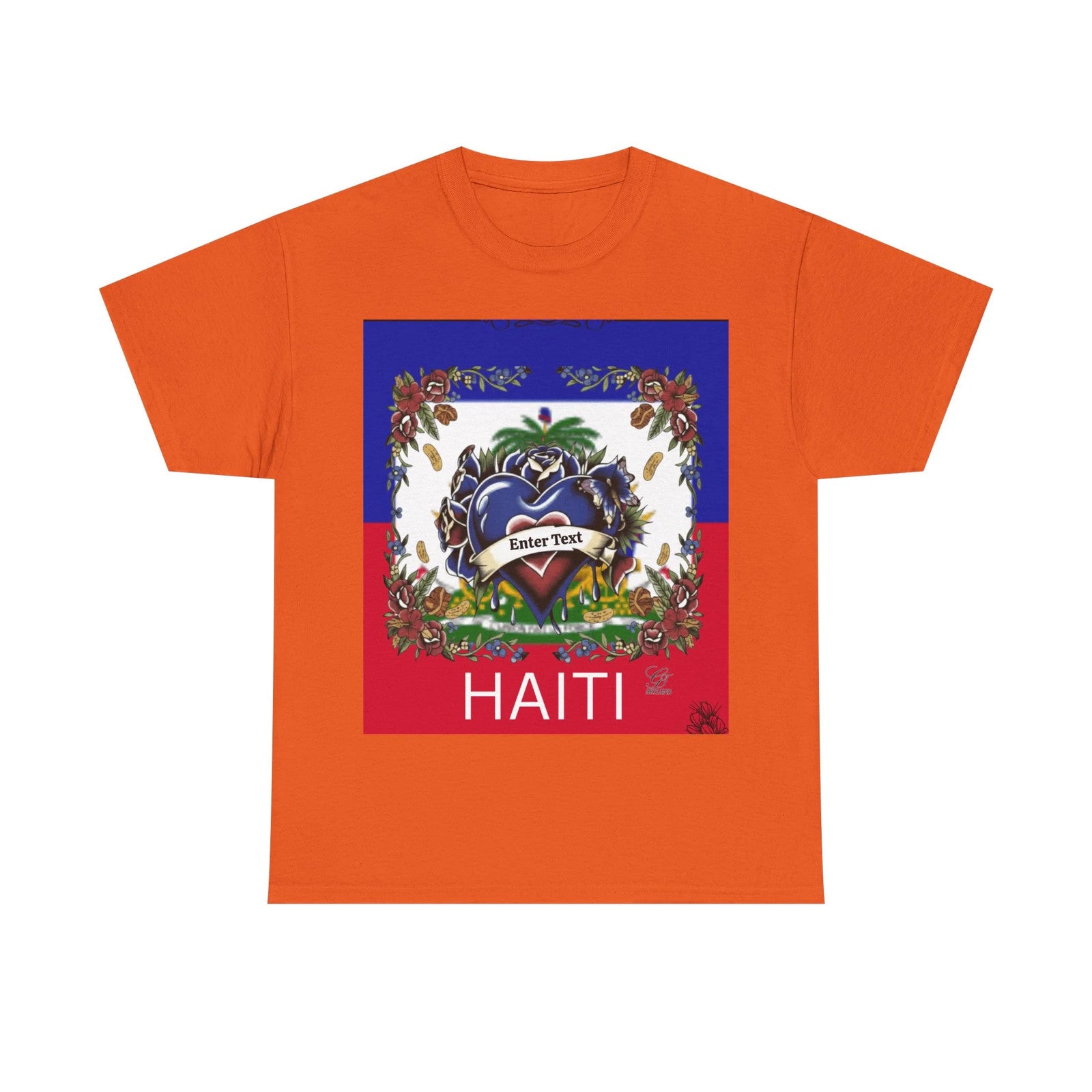 Haiti Flag Love Hearts and Roses Designer Unisex Heavy Cotton Tee by GT Artland