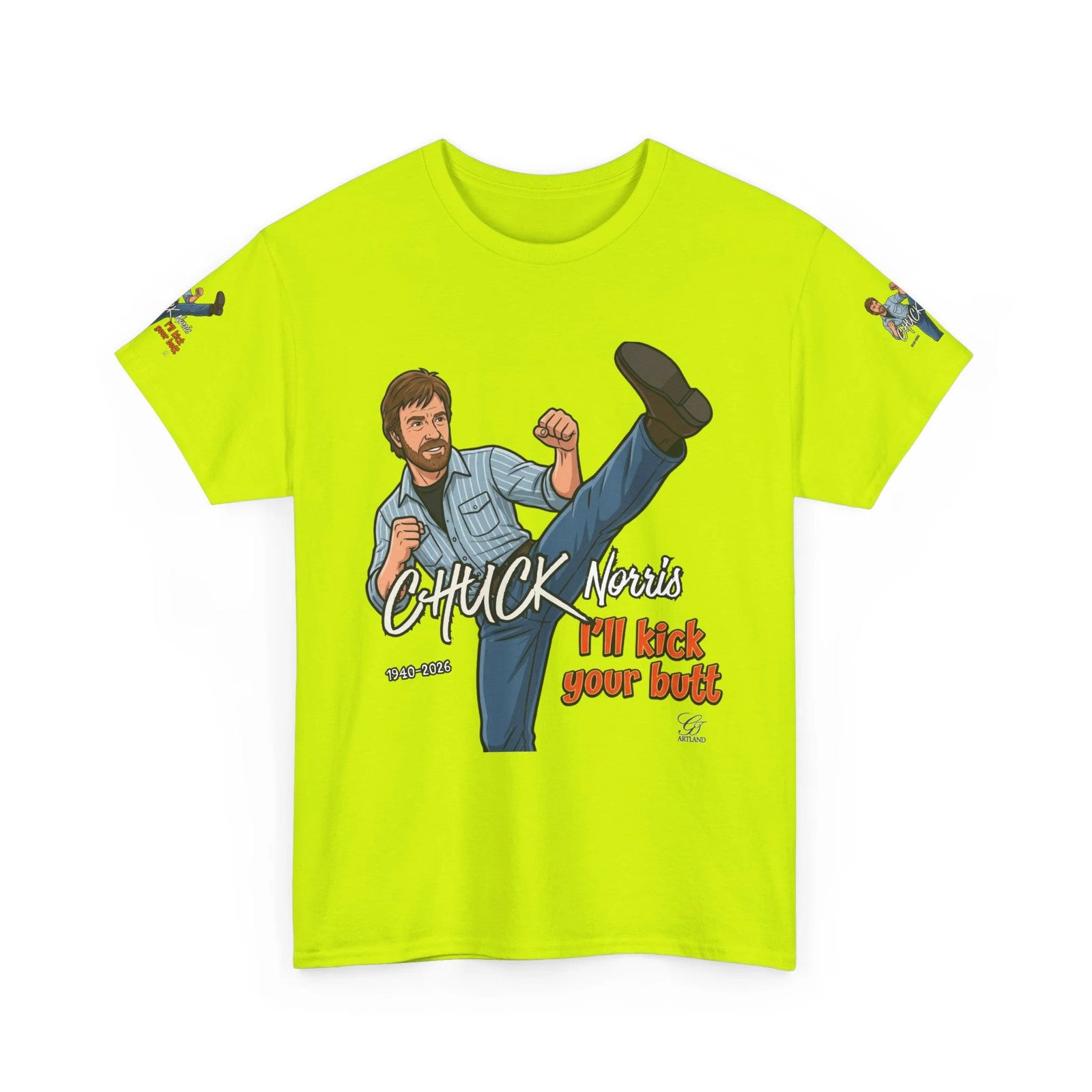 Chuck Norris kick illustration T-Shirt | I'll kick your butt slogan designer by