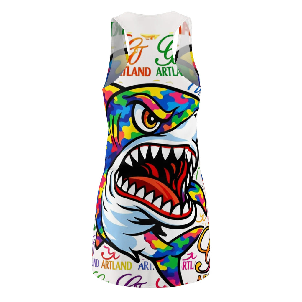 Colorful Camo Designer Killa Shark Graphic Racerback Dress | All-Over Print by