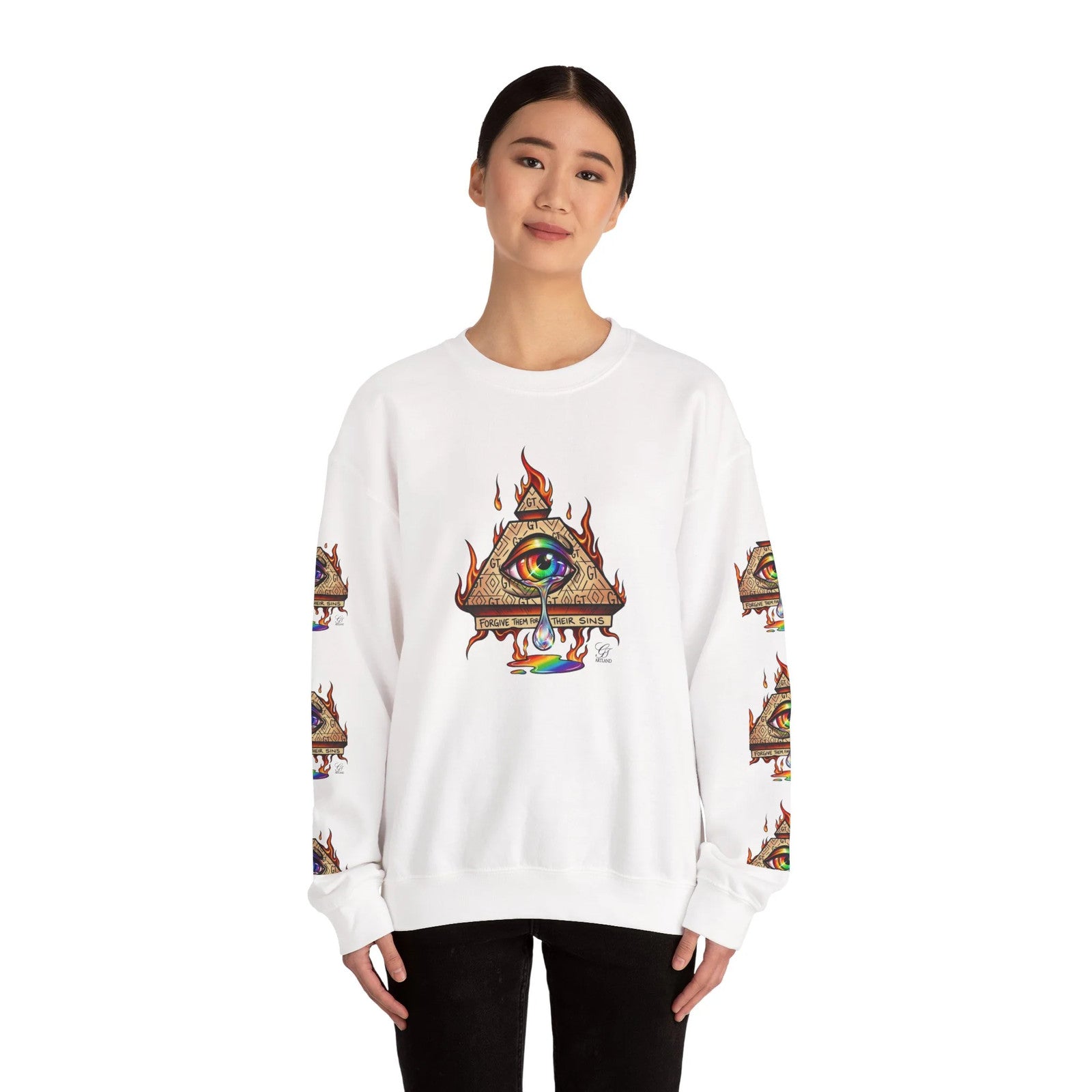 Psychedelic All-Seeing Eye Sweatshirt | Triangle Eye Flame Rainbow Drip by GT