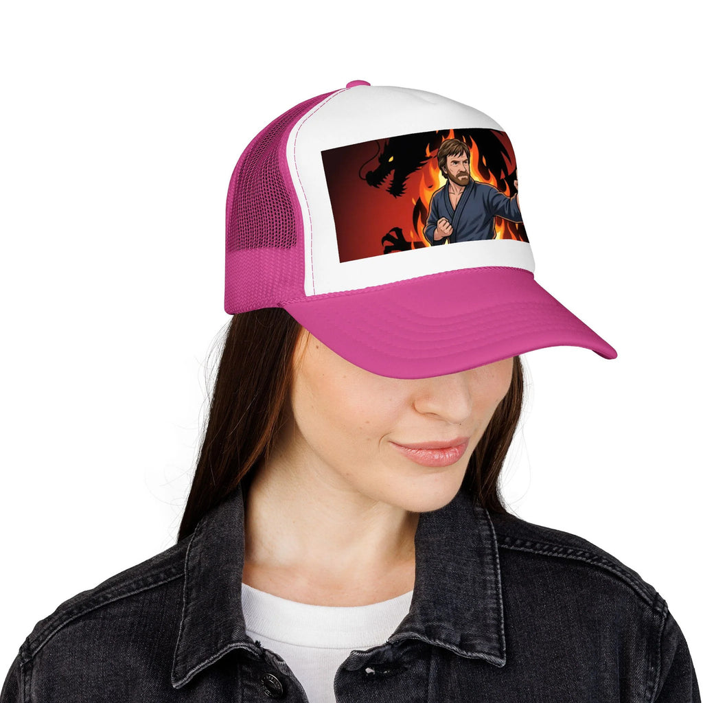 Martial Artist Chuck Norris Flames Foam Trucker Hat | Dragon Silhouette Panel