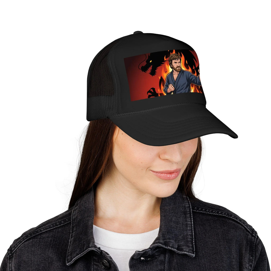 Martial Artist Chuck Norris Flames Foam Trucker Hat | Dragon Silhouette Panel
