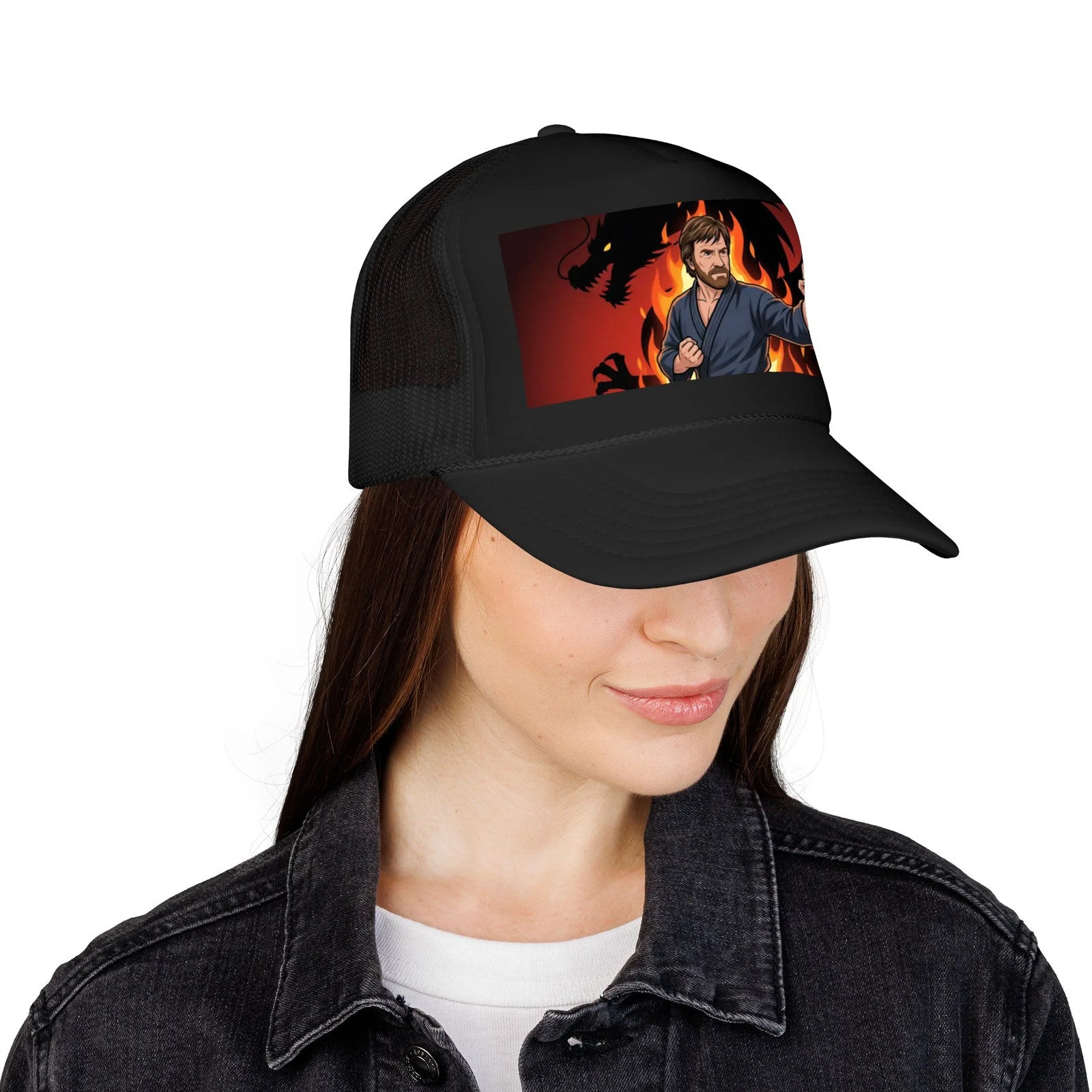 Martial Artist Chuck Norris Flames Foam Trucker Hat | Dragon Silhouette Panel