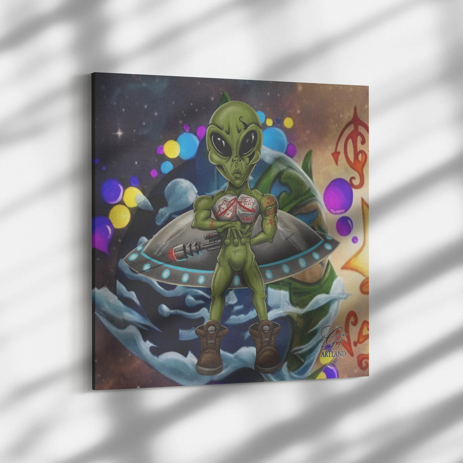Alien GT Rolling Dice With the Strap and UFO Spaceship Square Canvas Wrap by GT