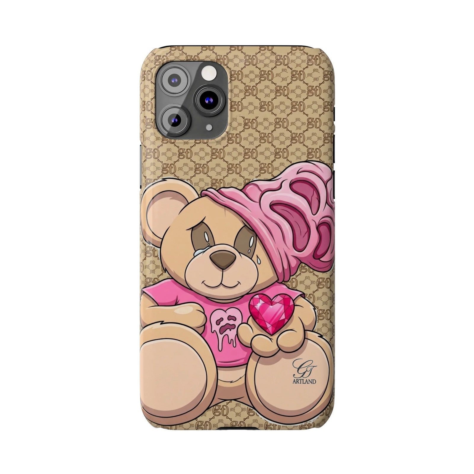 Pink Heart Teddy Bear Slim Phone Case | Designer Monogram Background by GT